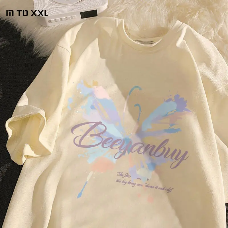 2024 Summer New Products in Stock Butterfly Print Short-Sleeved T-shirt Women's Loose All-Match Korean Style Tummy Hiding