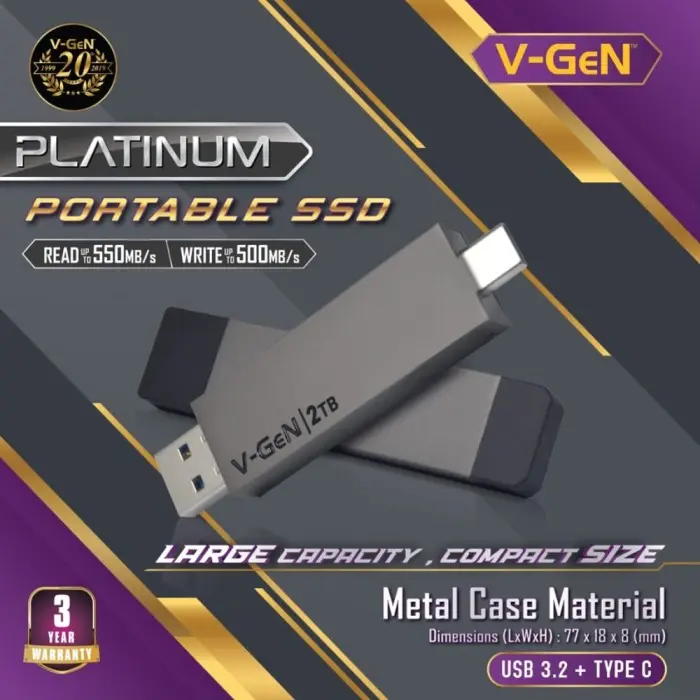 V-GeN SSD Portable Platinum 256GB USB 3.2 Type-C External Vgen 256 GB 1