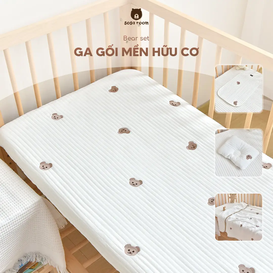 Quây ga gối mền thêu gấu, cotton trần bông hữu cơ, ga drap bọc nệm, quây chống va đập, siêu thông thoáng