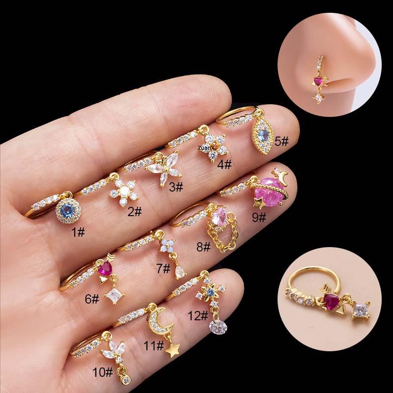Cincin hidung tembaga zirkon, 1 keping, tiada kunci, rama-rama, bunga ...