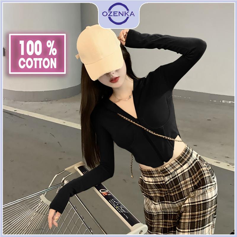 Áo cardigan croptop tay dài có mũ ôm nữ OZENKA , áo khoác ngoài kéo khoá đen trắng thun cotton mềm mịn Kem