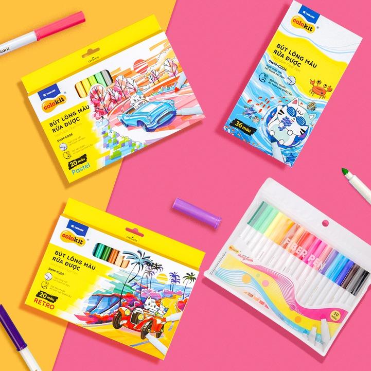 Tặng sticker Bút lông 20 màu Pastel , 20 màu retro, marker acrylic Washable Fiber Pen Thiên Long Colokit SWM-C008 fiber  pen