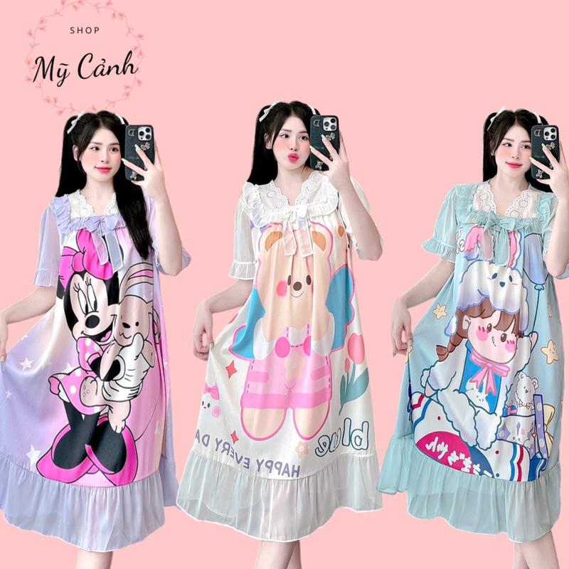 Đầm Ngủ Đầm Mặc Nhà Tiểu Thư Lụa Xước Mềm Mịn Thiết Kế In 5D Bèo Tơ Phối Ren Bèo Đuôi Cá Dành Cho Nữ Size Từ 40kg Đến 60kg