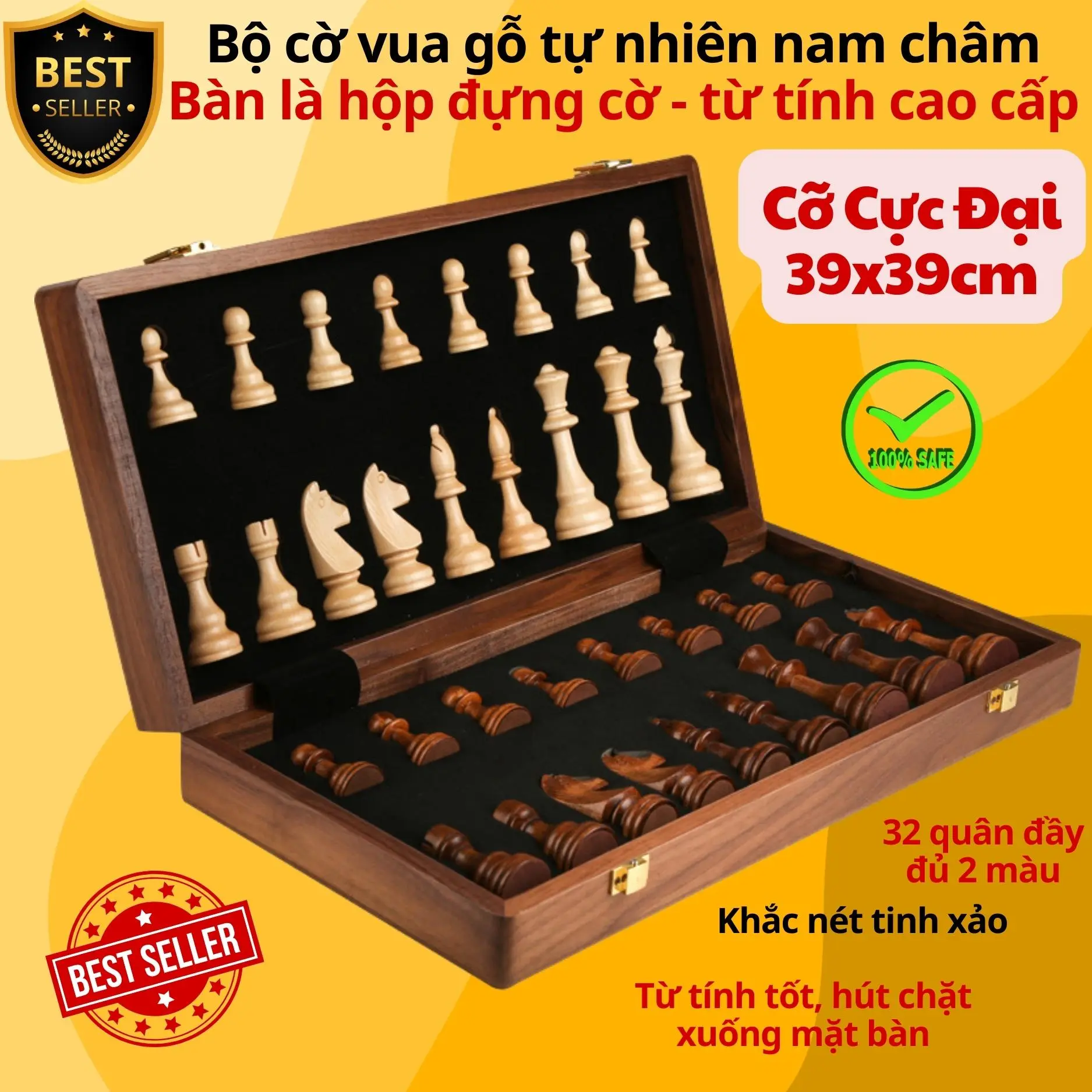 Bộ cờ vua nam châm bằng gỗ thông tự nhiên cỡ lớn 34cm - 39cm có bàn cờ vua từ tính chính hãng D Danido