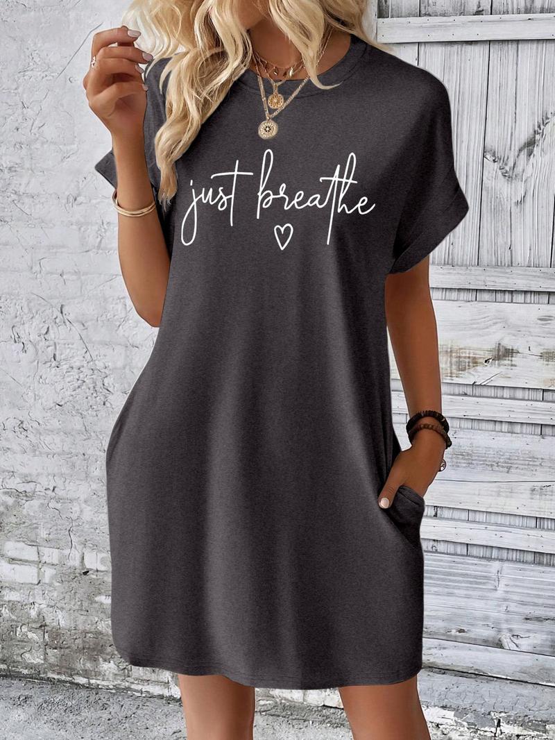 Product Introduction of Women's Just Breathe Letter Print Thermal Transfer Printing Short Dress, Casual Short Sleeve Round Neck Dress for Spring & Fall, Ladies Clothes for Daily Wear 7