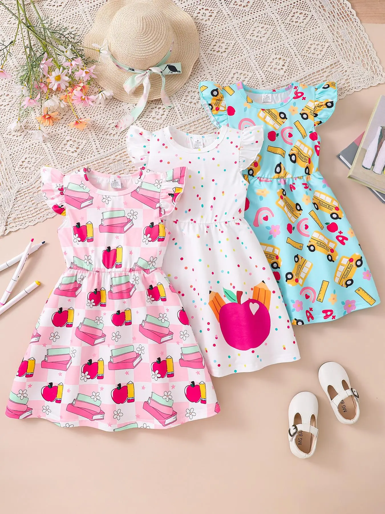 Girl's All Over Print Dress, Casual Cute Round Neck Dress for Summer, Kids Clothes for Daily Wear