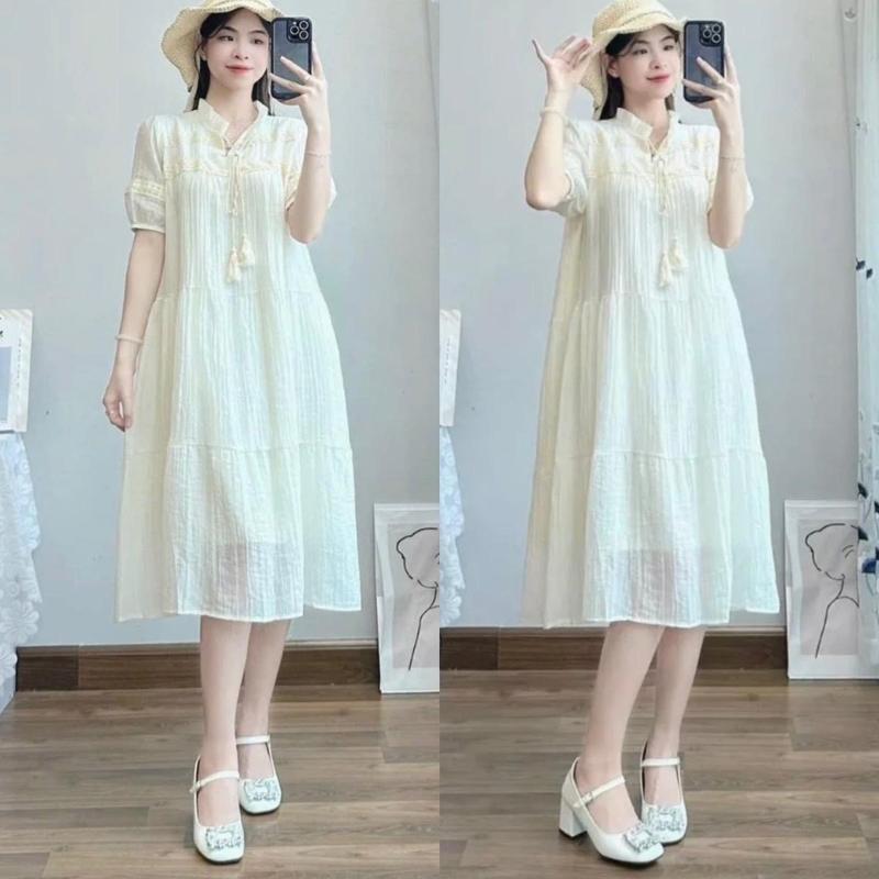 Váy babydoll tay ngắn phối ren cột nơ chuông đũi tơ 2 lớp đầm suông freesize bầu bí bon chen được Nữ Women