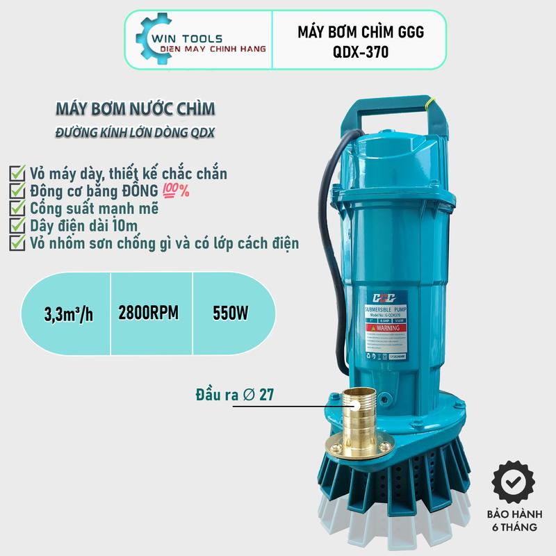 MÁY BƠM NƯỚC CHÌM, BƠM TÕM  GGG QDX-370, 550W BƠM 3,3m3/h, LÕI ĐỒNG BỀN BỈ, CHỐNG GIẬT AN TOÀN SỬ DỤNG, BẢO HÀNH 6 THÁNG