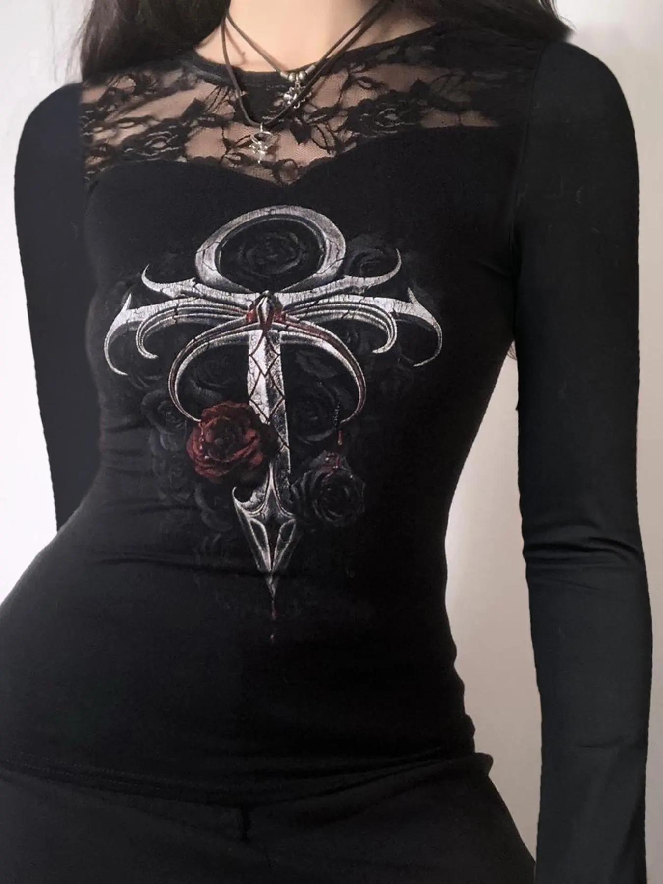 Women's Gothic Style Anchor Print Round Neck Tee, Street Fashion Casual Long Sleeve T-shirt for Daily Holiday Vacation Outdoor Wear, Women Tops for Fall, Clothing