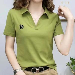 Internet Celebrity 100 KG Can Wear Avocado green Polo shirt Ladies V neck Short Sleeve T-shirt Women Summer New Style High Quality Stretch Age reduction Casual blouse