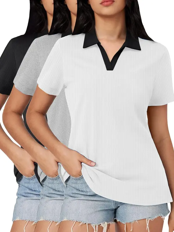 Women's Solid Color Ribbed Polo Shirt, Casual Short Sleeve Collared Top for Summer, Ladies Clothes for Daily Wear 0