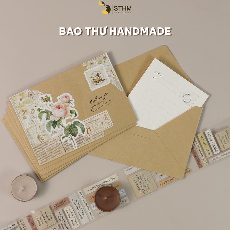 Xấp 5 cái bao thư handmade phong cách vintage, có kèm giấy viết thư bên trong - STHM stationery