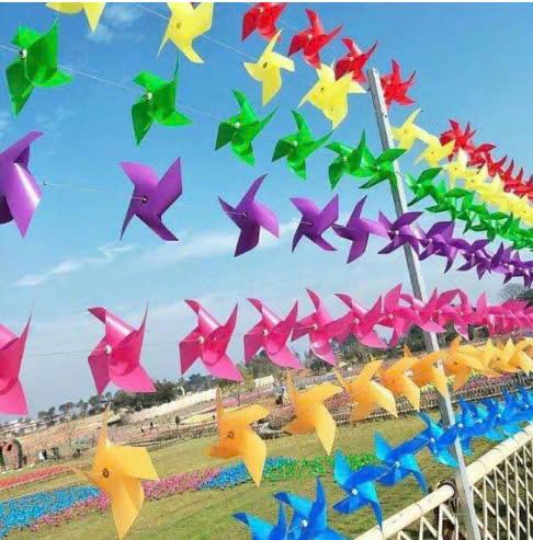 100 Chong Chóng Nhựa 7 Màu 4 Cánh 24cm Treo Dây Trang TríTtrường Học,Mầm Non,Khu Du Lịch-KÈM DÂY 30M