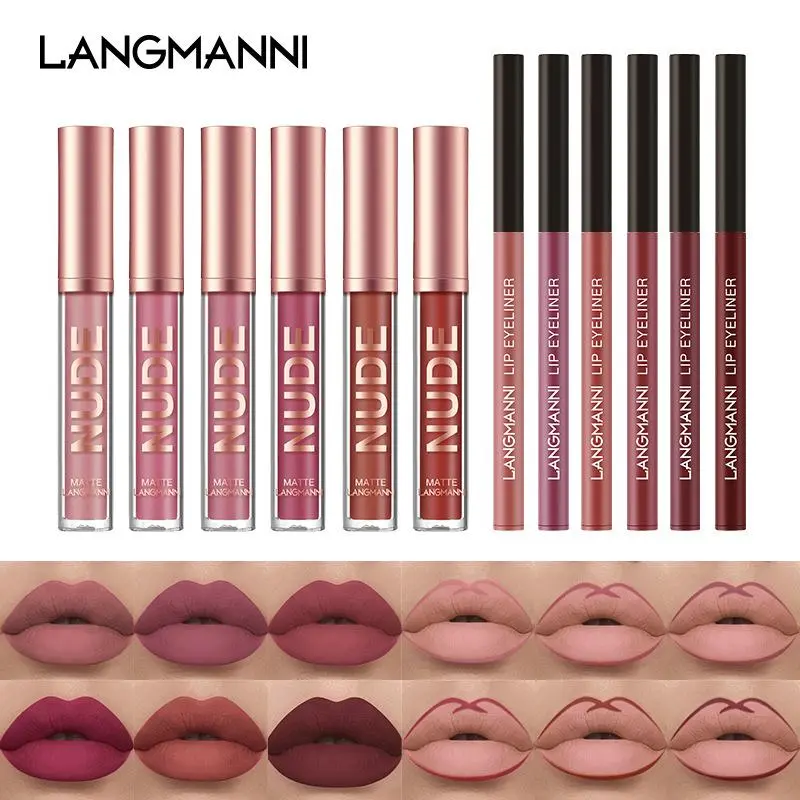 LANGMANNI Matte Lip Gloss & Lip Liner Makeup Set, 12pcs Natural Long Lasting Easy Coloring Makeup Kit, Lip Makeup, Summer Makeup