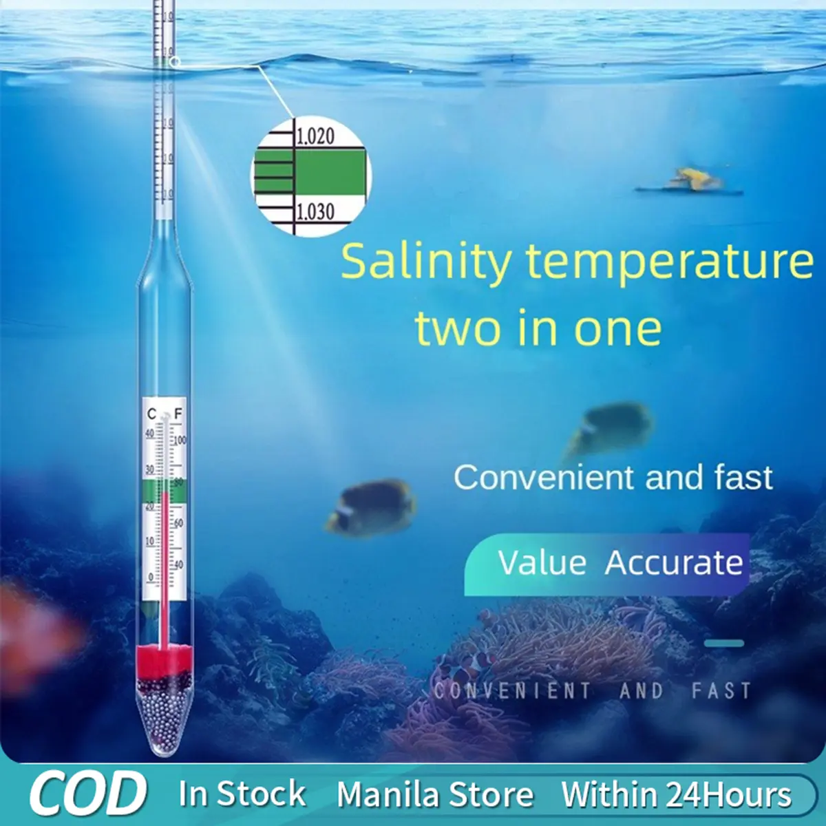 Aquarium Glass Hydrometer Salinity Tester Meter with Fish Tank Thermometer