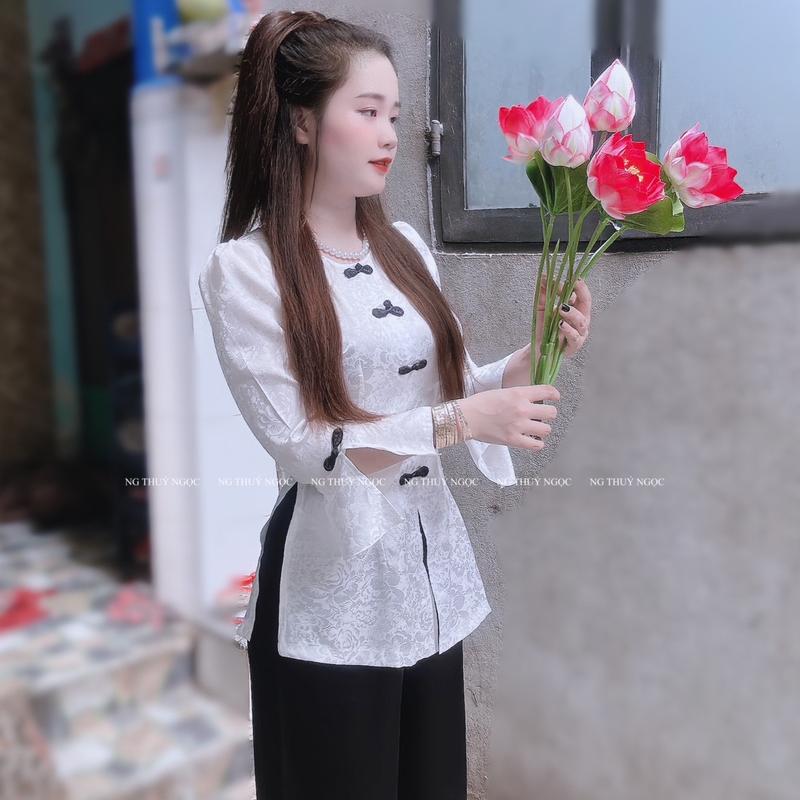 [BOO4] Sét Bộ Quần Áo Nữ Đồ Lam Đi Chùa Lụa Gấm Hoa Văn Mẫu Đơn Tay Bèo Nút Thắt, Quần Đen Lụa LaTin, Có Nhiều Màu, Có Size [BOO4]. - Kem, Women Top