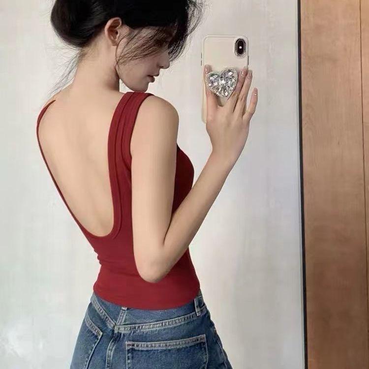 Hot Girl Long Camisole Women's Sexy Big U Back Slim Fit All-Match Slim Outer Wear Back Shaping Padded Bottoming Shirt 0