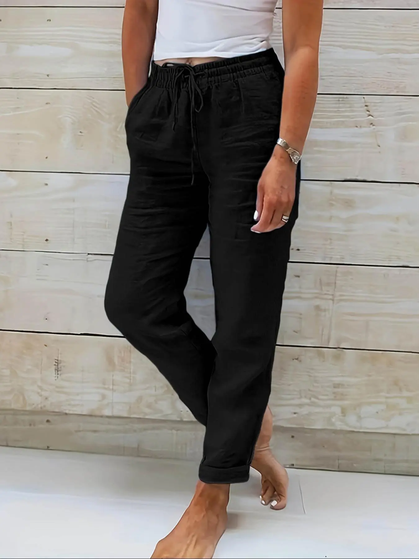 Women's Solid Drawstring Waist Pocket Pants, Casual Comfy Trousers for Summer, Women's Bottoms for Daily Wear
