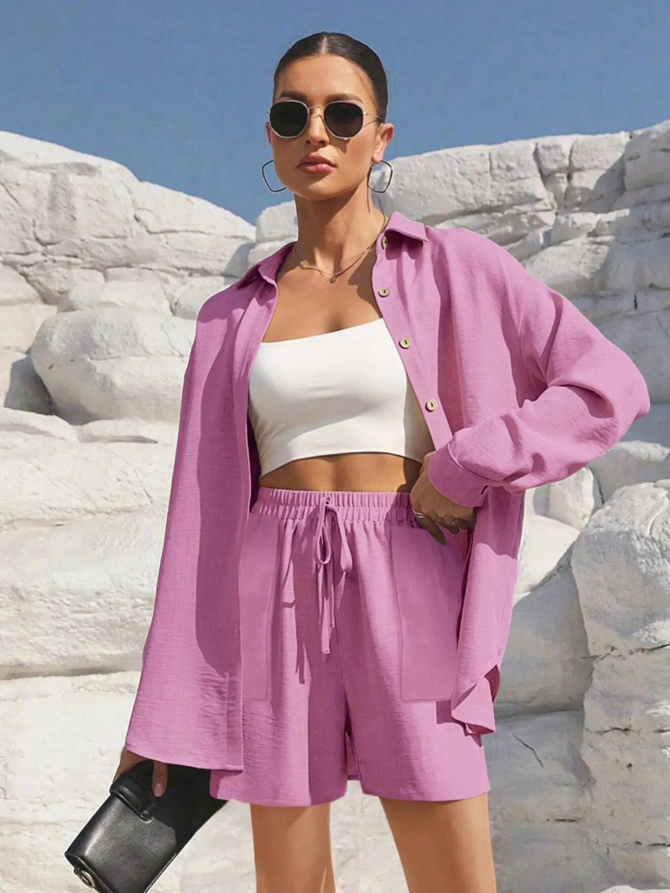 Two-Piece Set Women's Solid Color Shirt & Shorts, Casual Long Sleeve Top & Tie Waist Shorts for Daily Wear, Ladies Two-piece for All Seasons