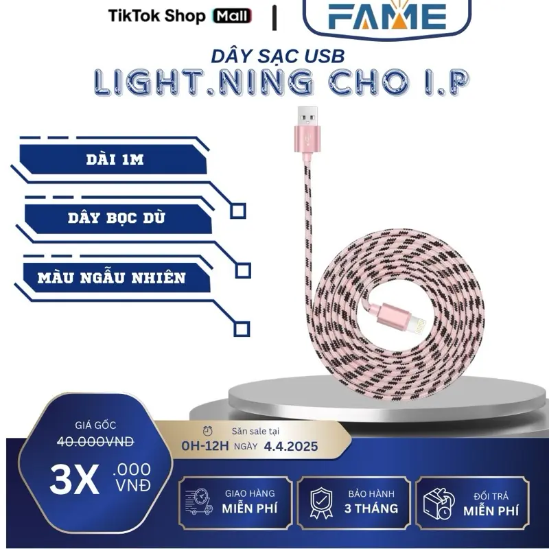 Cáp sạc I.p.h.o.n.e - 1m ( dây dù đỏ - hồng)