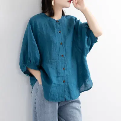 2024 New Cotton and Linen Shirt Women Lantern Sleeve Retro Artistic Top plus Size Loose Half Sleeve Shirt Women