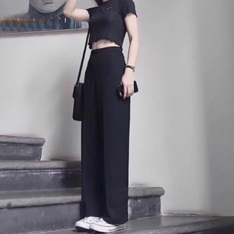 Quần ống rộng khóa sườn hông lưng cao duyên dáng quần tây khóa sườn ống suông rộng dài màu Đen vải mềm dày đáy cao
