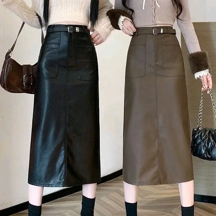 8011.Chân váy da dài dáng A , xẻ sau , có túi , kèm đai  Nữ Women 2