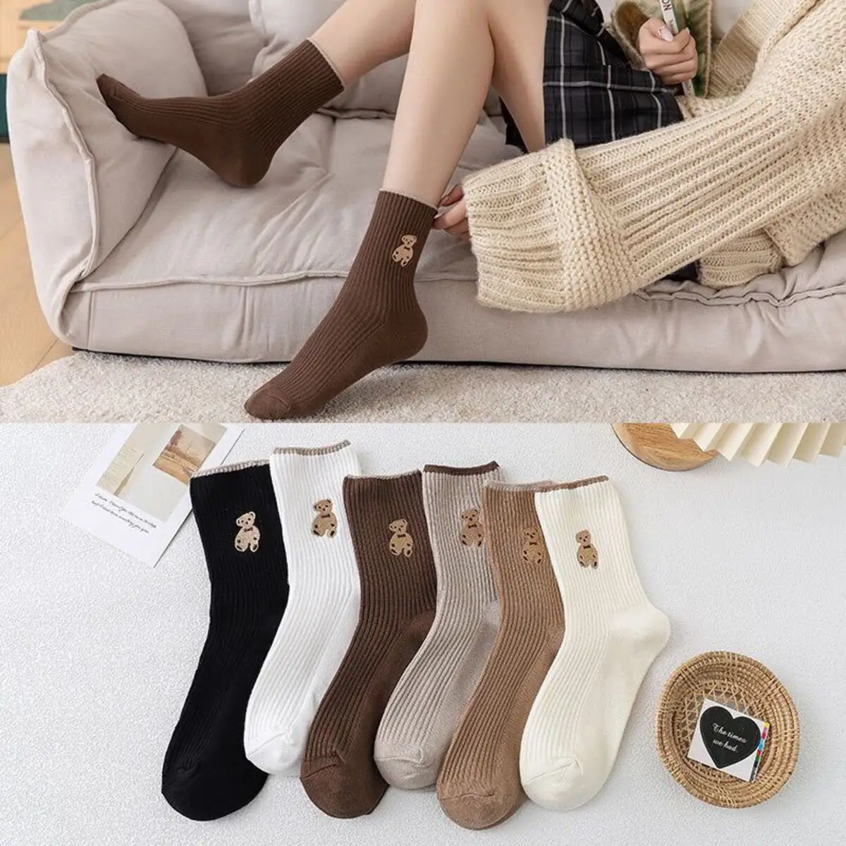 SET 10 Đôi Tất Vớ Nữ Cổ Cao họa tiết hình gấu chất liệu vải len tăm co giãn thời trang Hàn Quốc
