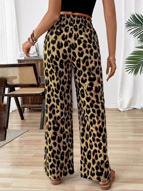 Women's Leopard Print Elastic Waist Wide Leg Pants, Casual Comfy Trousers for Daily Wear, Ladies Bottoms for All Seasons 1