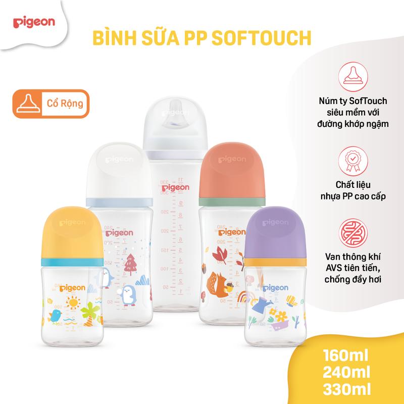  Bình Sữa Pigeon PP Softouch Baby-Friendly World 160ml 240ml 330ml - Nhiều Hoạ Tiết 