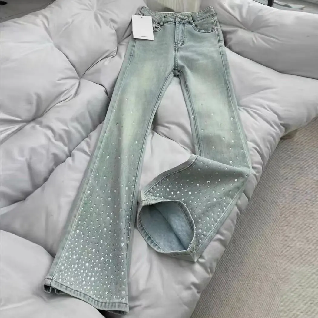 Quần Dài Ống Loe Denim, Thủ Công Nặng, Thiết Kế Đầy Sao, Dành Cho Nữ, Cạp Cao, Màu Xanh Nhạt, Bó Sát, Dễ Phối Đồ, Dáng Ôm, Quần Ống Loe, Hàng Mới Về Năm 2024