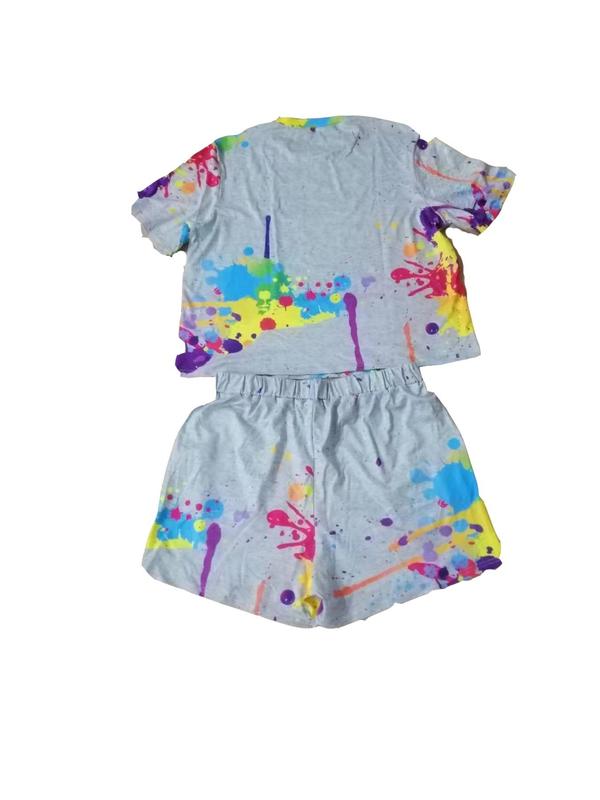 Plus Size Two-Piece Set Colorful Graffiti Print Tee & Elastic Waist Shorts Two-Piece Set, Casual Round Neck Short Sleeve T-shirt & High Waist Shorts, Women's Outfits for All Seasons 1