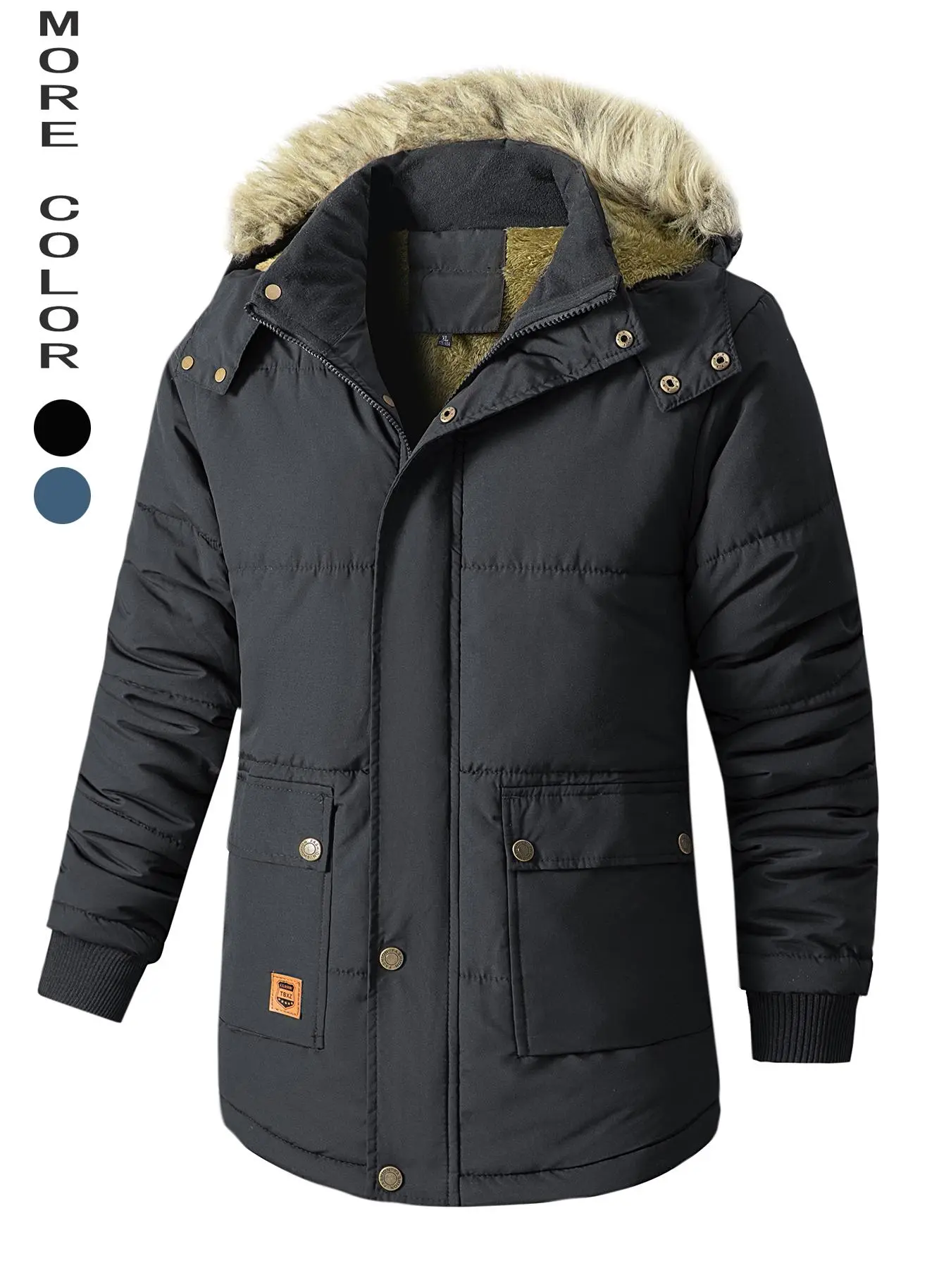 Men's Contrast Faux Fur Trim Hooded Coat, Regular Fit Casual Long Sleeve Zip Up Outerwear for Winter, Men's Clothes for Daily Wear