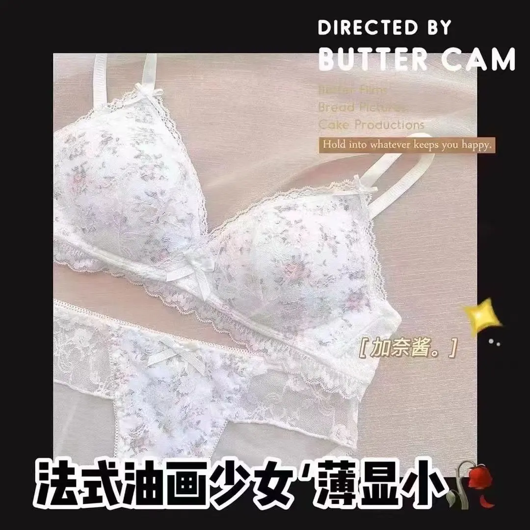 Đồ Lót Hoa, Phong Cách Cổ Điển Dành Cho Phụ Nữ Và Bé Gái, Nhật Bản Phong Cách, Áo Ngực Mỏng Tươi Mới, Áo Ngực Không Dây Thu Nhỏ Ngực Lớn, Bộ Đồ