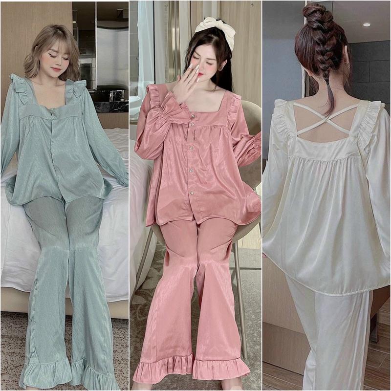 Đồ bộ ngủ pijama JUSOKA nữ mặc nhà lụa gấm xước tay dài tiểu thư dễ thương