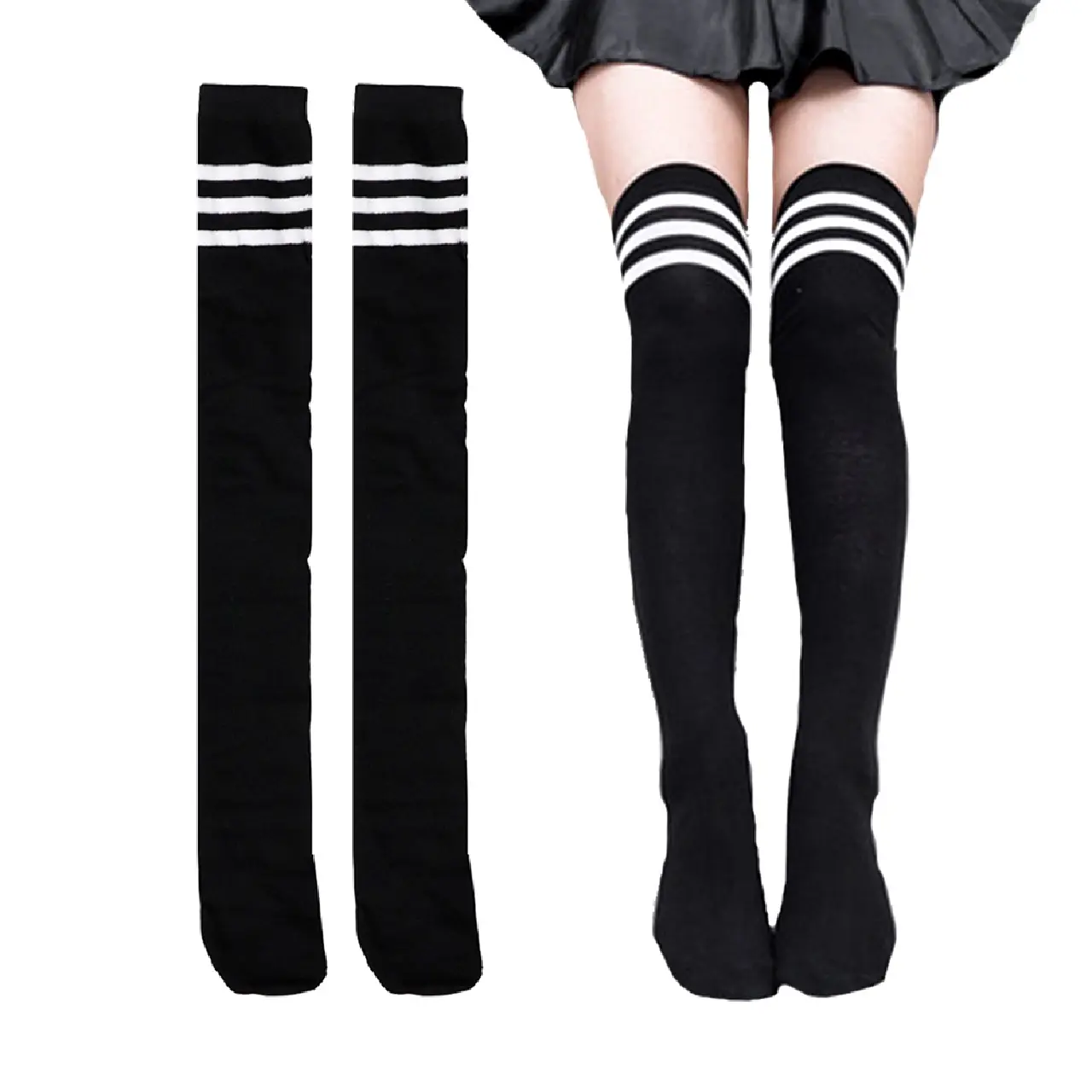 Kaos Kaki Panjang Wanita Hitam Strip Putih Korea Women Nyaman Long Socks 62cm Katun Dewasa Remaja Pendek Lembut Stocking