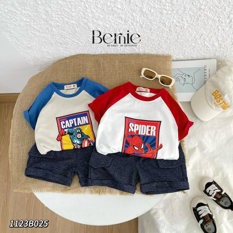 Bộ quần áo bé trai hình Siêu Nhân chất chơi áo cotton mềm mát phối quần giả jean cho bé trai đi học đi chơi hai màu gồm áo và quần size 9-23kg