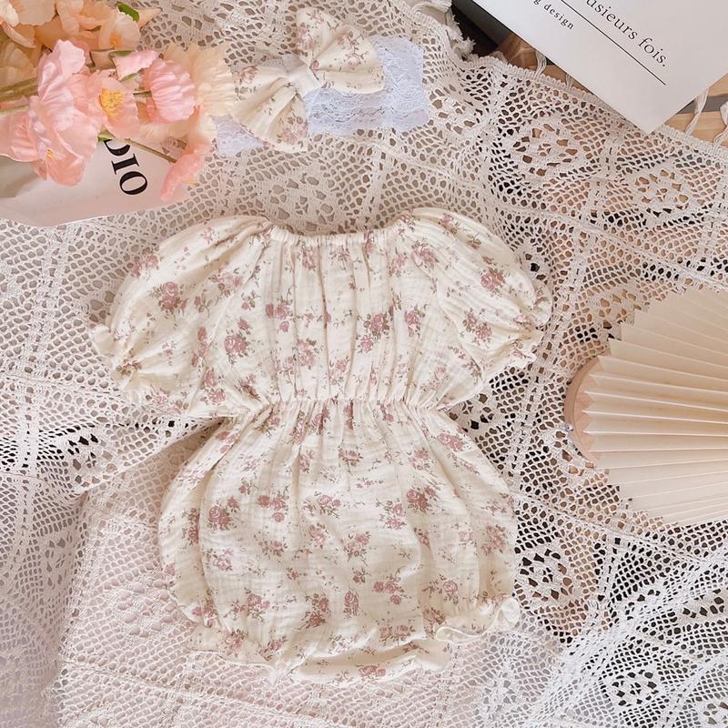 Bodysuit Cho Bé Xô Muslin Vintage Hoa Tím Chun Tay Cánh Rơi Kèm Turban Ren Nơ Xinh Xắn