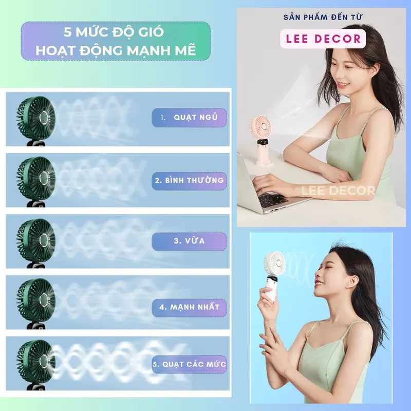 Quạt Tích Điện CHÍNH HÃNG Cao Cấp 10.000mAh , Tặng Kèm Viên Nén & Lọ Tinh Dầu & Sticker, Màn Hình Led Trực Quan, 5 Cấp Độ Gió Sử Dụng 12-15 Tiếng, Giá Đỡ Điện Thoại, Dây Đeo Cổ Du Lịch Hè. 3