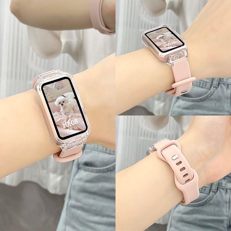 Tali Jam Tangan Anti Gores Transparent PC Case Silicone Strap for Huawei Band 10/9/8 Hard Frame Protective Cover Bumper Cover Screen Protector Soft Silikon Wristband Rubber Band Accessories Smartwatch for Huawei Band 10 9 8 NFC