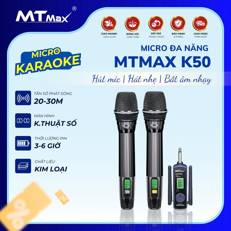 Micro Hát Karaoke Không Dây K50 Pro, Micro Pin Sạc Nhỏ Gọn Hút Âm Tốt Phát Sóng Ổn Định, Chống Hú Tốt, Âm Thanh Hay, Hiện Đại Đầu Thu NHỏ Gọn Tiện Loại Dùng Cho Dàn Amply , Loa Kéo , Vang Mixer