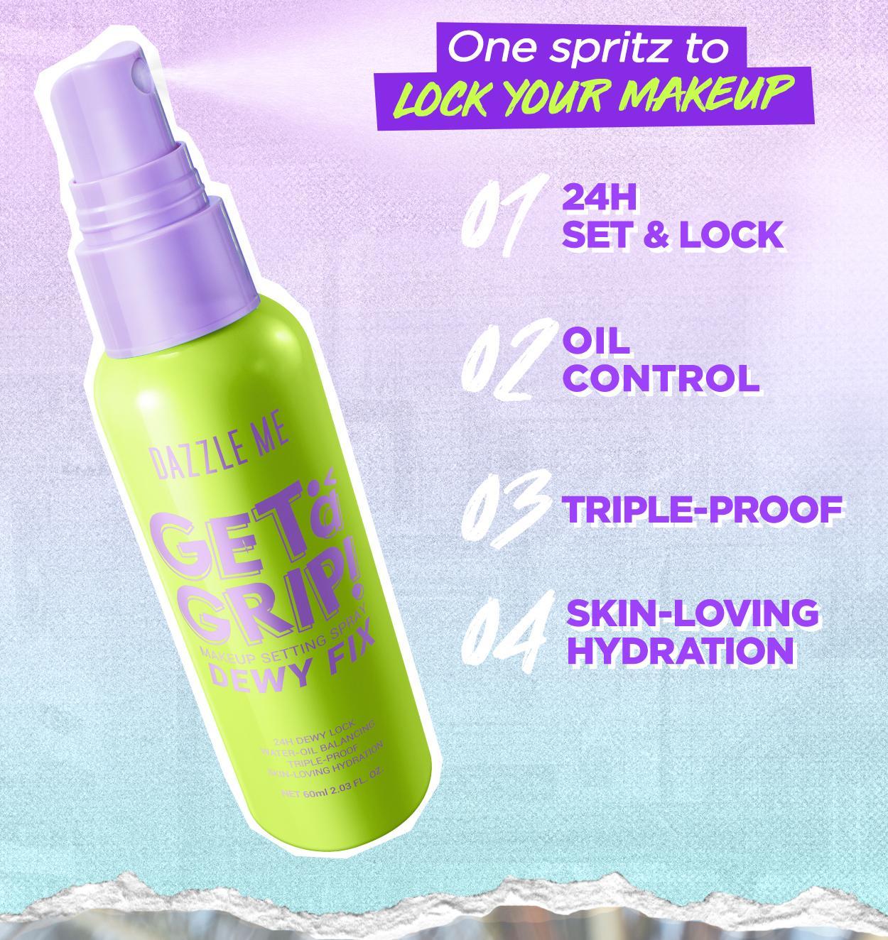 DAZZLE ME Get a Grip! Makeup Setting Spray Dewy Fix Prime Set Anti Pollution Setting Spray Beauty Protecting 4 X Hydrating Makeup Mist Flawless Lightening Primer Water Tahan 24 JAM