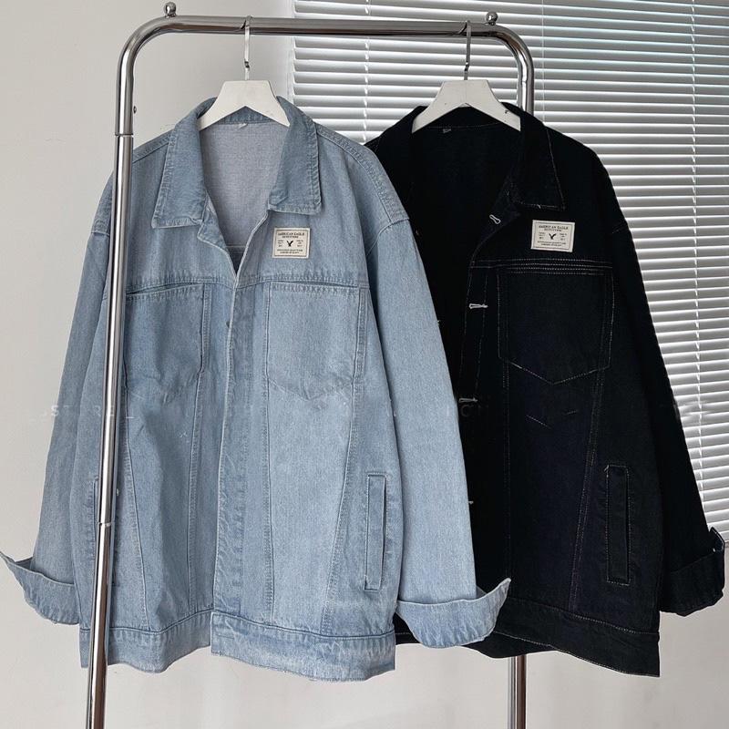 Áo khoác jean màu xanh - đen logo Kampion form rộng unisex Achi Jeans Menswear Nam Jacket Có Túi aokhoac nam