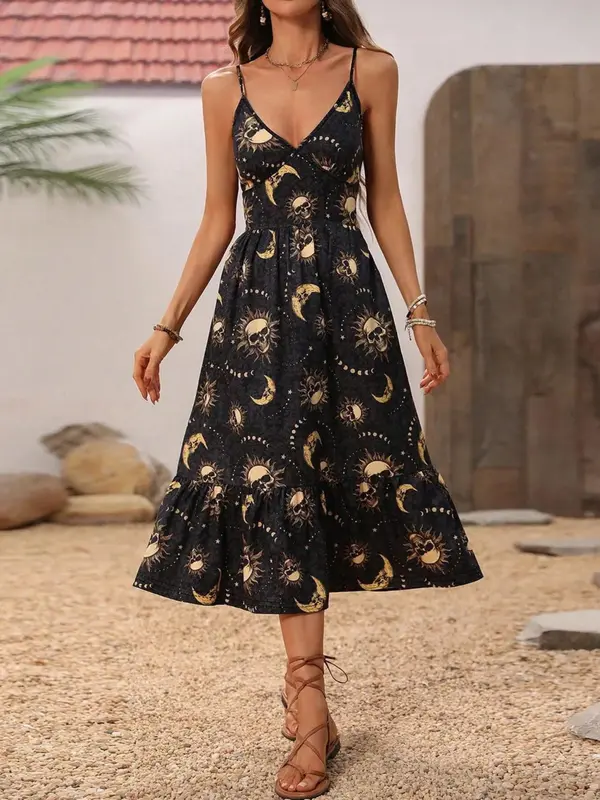 Women's All Over Skull Print Ruffle Hem Sleeveless Cami Dress, Gothic Retro Deep V Neck Adjustable Strap Midi Dress for Party Holiday Vacation, Ladies Fall & Winter Clothes, Womenswear, Fantasy Dresses, Boho Goth Clothing 5