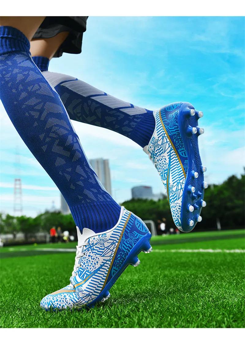Product Introduction of High Quality Men Women Soccer Shoes Light Cleats Training Football Shoes Ankle Sport Long Spike Sneakers Turf Futsal Shoes Big Size 33-45 35