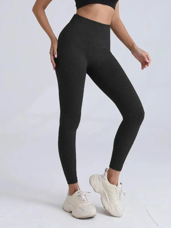 Sporty Women's Plain Ruched High Waist Sports Leggings, Solid Color Wide Waistband Sport Skinny Pants, High Stretch Seamless Yoga Leggings, Ladies Sportswear for Indoor Outdoor Wear, Tummy Control, Leggings for Women, Gym Clothes 1