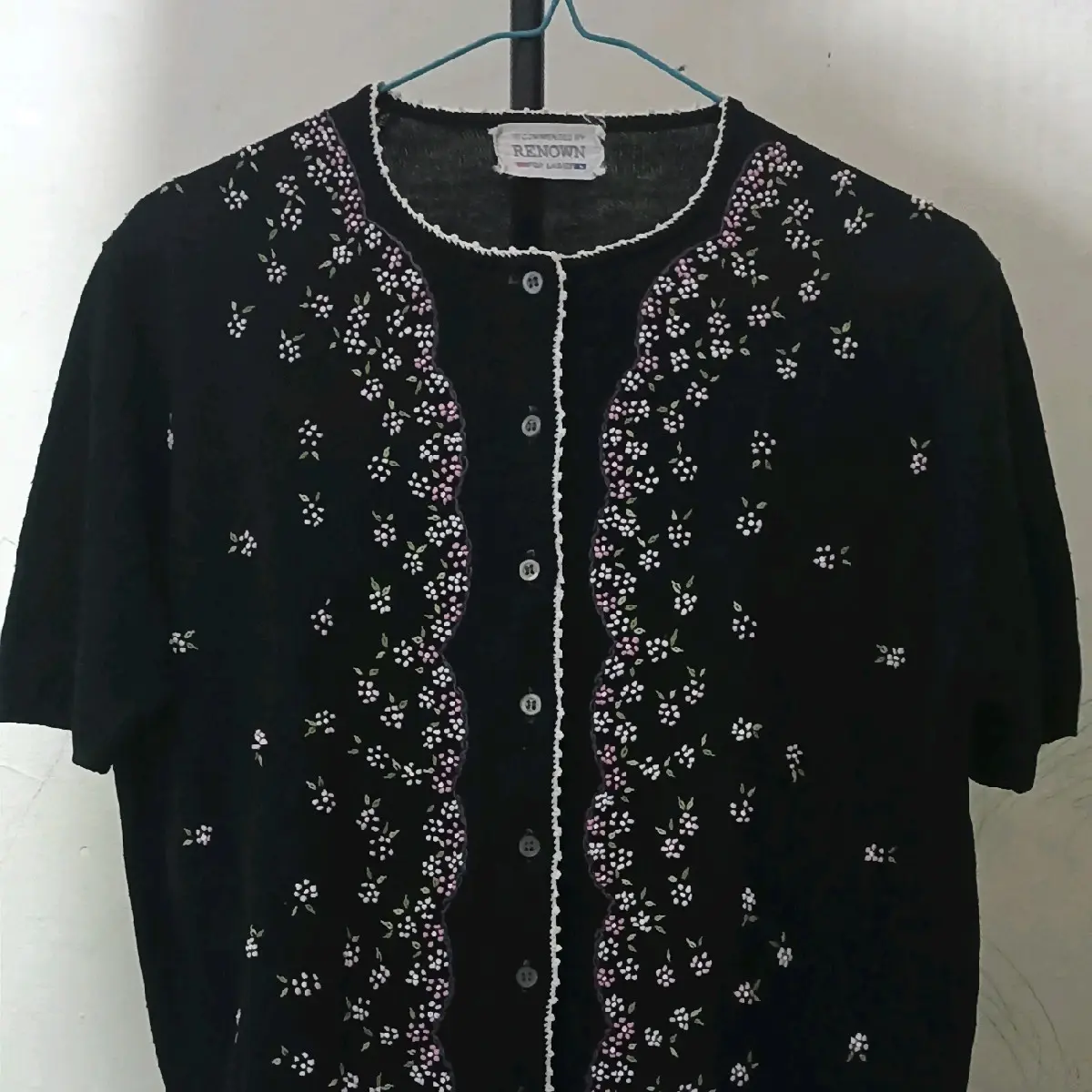 catdigan rajut lengan pendek warna hitam Santai Crew Neck