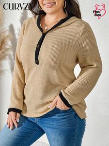 CURVZY Plus Size Colorblock Contrast Binding Button Front Hooded Sweater, Casual Long Sleeve Jumper for Fall, Sweaters for Women, Women's Clothing for Daily Wear