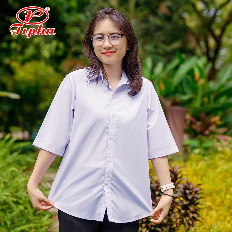 Áo sơ mi nữ trắng form rộng tay lỡ, đồng phục học sinh, đồng phục công sở, size tới 80kg, chất liệu KT Silk mềm mại