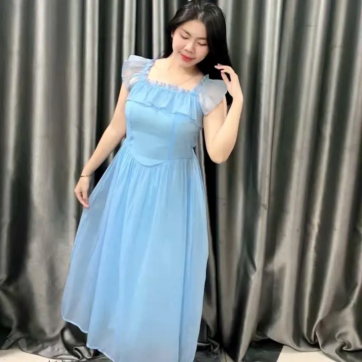 Đầm Maxi 2 Dây Dáng Dài Tay Bèo Bẹt Cổ Vuông Có Độ Co Giãn Nhẹ Thoải Mái Dạo Phố, Đi Biển Tiệc Tùng Voi Nữ 2